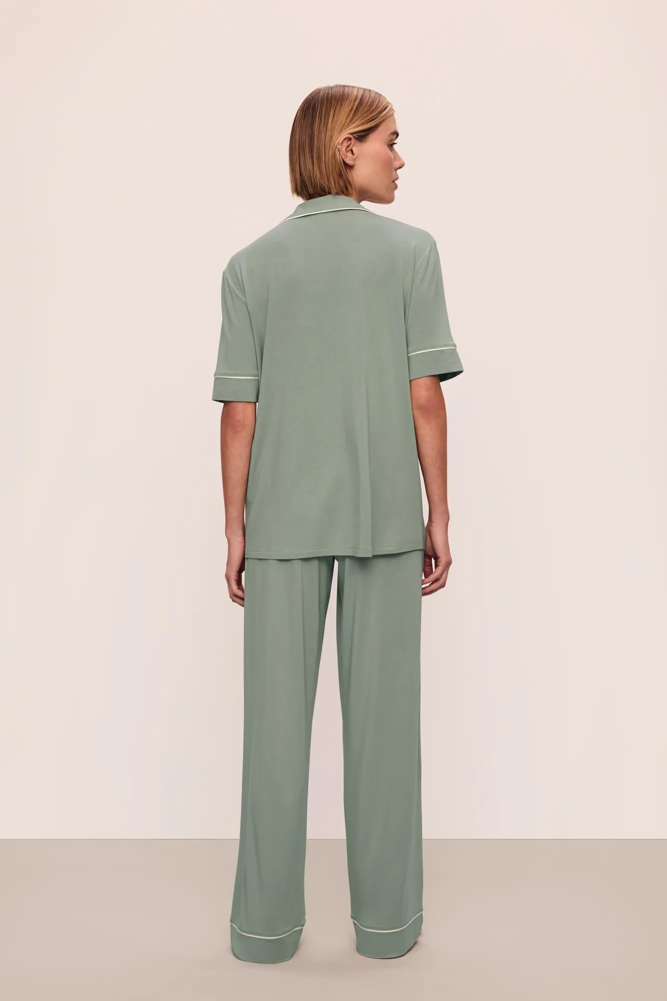 Model is wearing Gisele TENCEL™ Modal Short Sleeve &amp; Pant PJ Set in Eucalyptus/Ivory