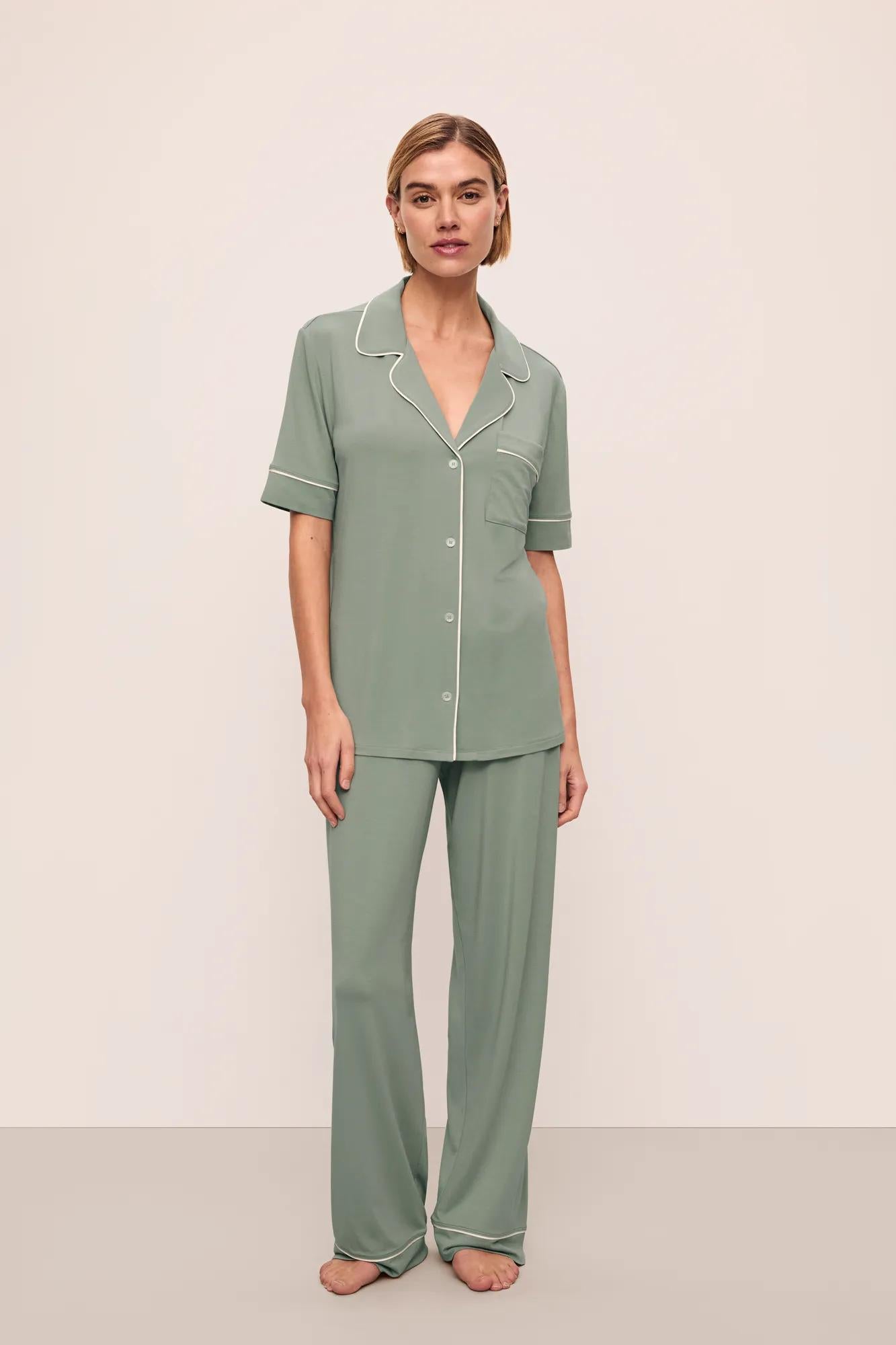 Model is wearing Gisele TENCEL™ Modal Short Sleeve &amp; Pant PJ Set in Eucalyptus/Ivory