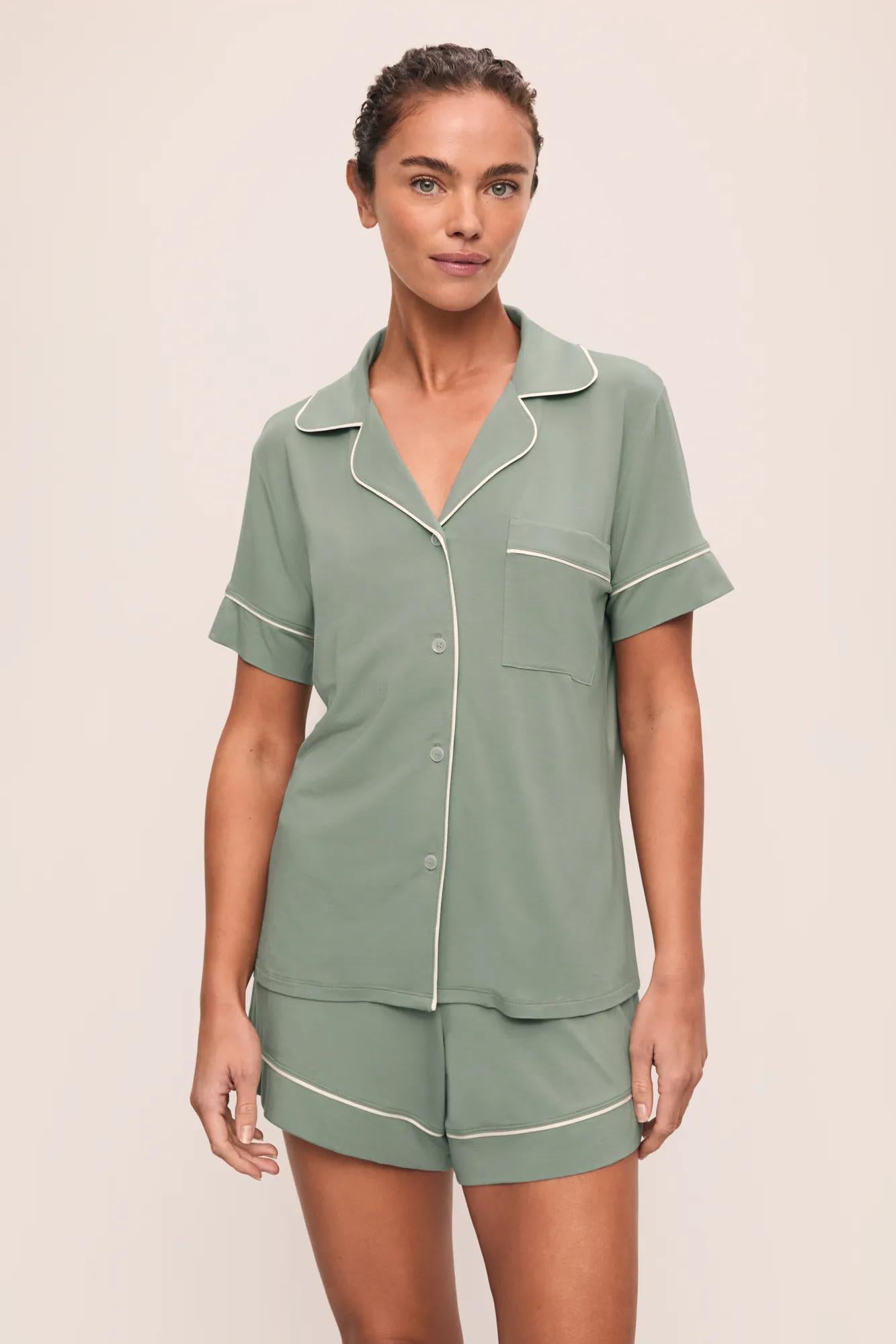 Model is wearing Gisele TENCEL™ Modal Relaxed Short PJ Set in Eucalyptus/Ivory