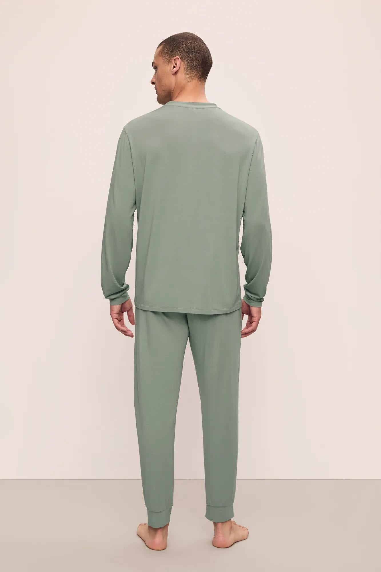 Model is wearing Henry TENCEL™ Modal Long PJ Set in Eucalyptus