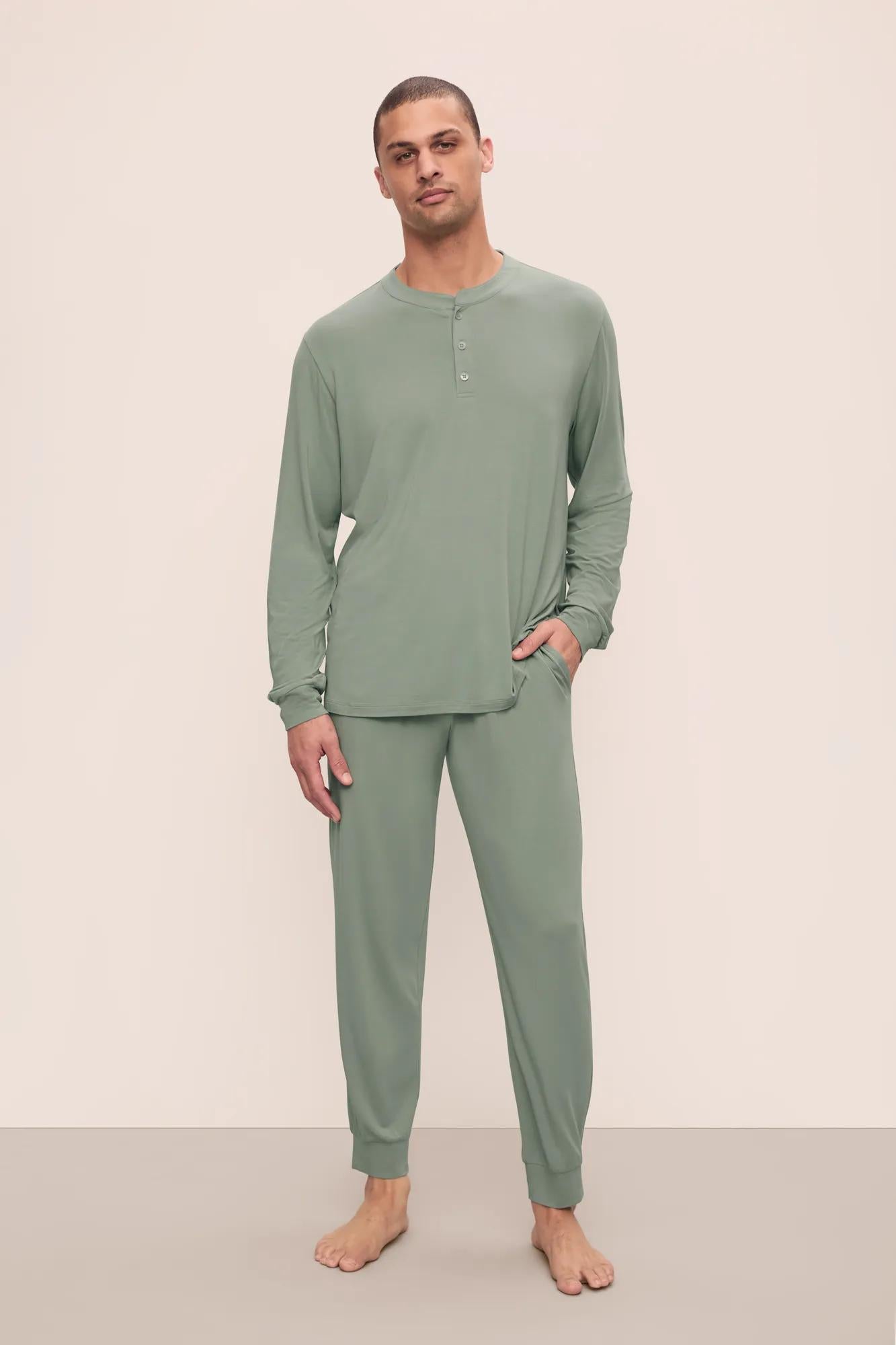 Model is wearing Henry TENCEL™ Modal Long PJ Set in Eucalyptus