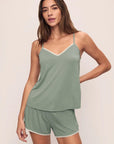 Model is wearing Frida TENCEL™ Modal Cami & Short PJ Set in Eucalyptus/Ivory