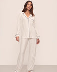 Model is wearing Gisele Printed TENCEL™ Modal Long PJ Set in Heritage Stripe Lt Htr Grey/Pe