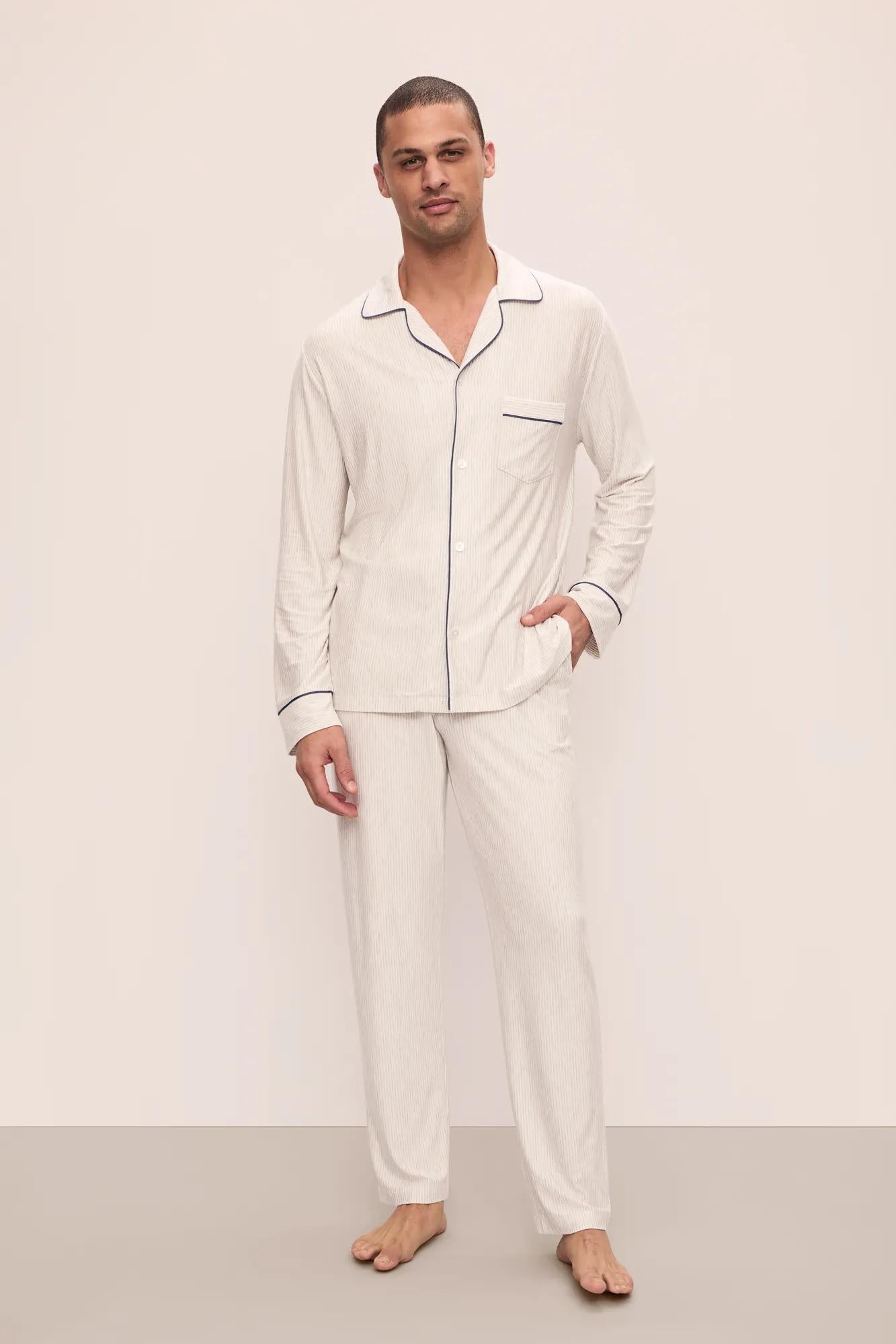 Model is wearing William Printed TENCEL™ Modal Long PJ Set in Heritage Stripe Lt Htr Grey/Pe