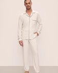 Model is wearing William Printed TENCEL™ Modal Long PJ Set in Heritage Stripe Lt Htr Grey/Pe