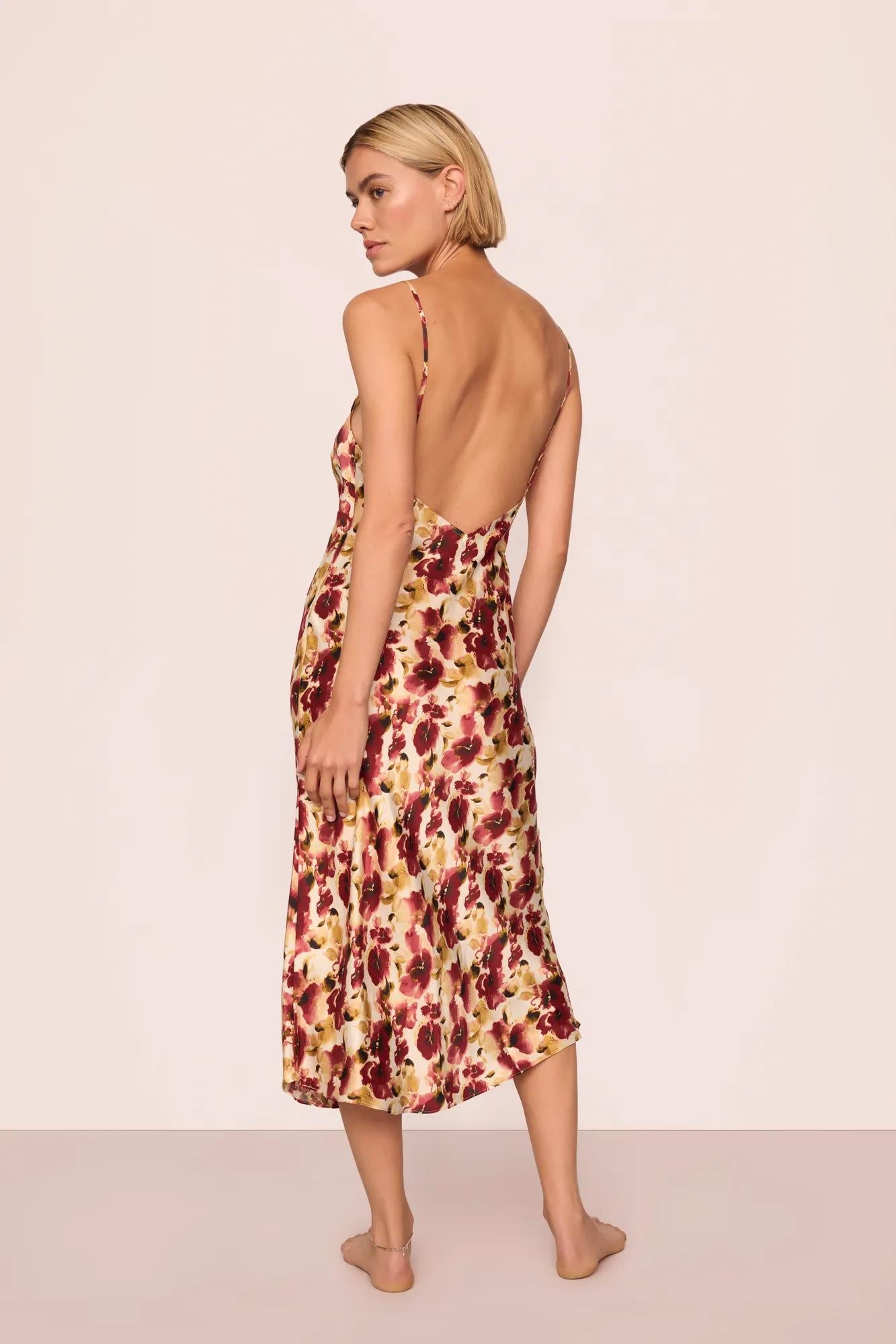 Model is wearing Inez Washable Silk Printed Slip in Botanical Flower Merlot