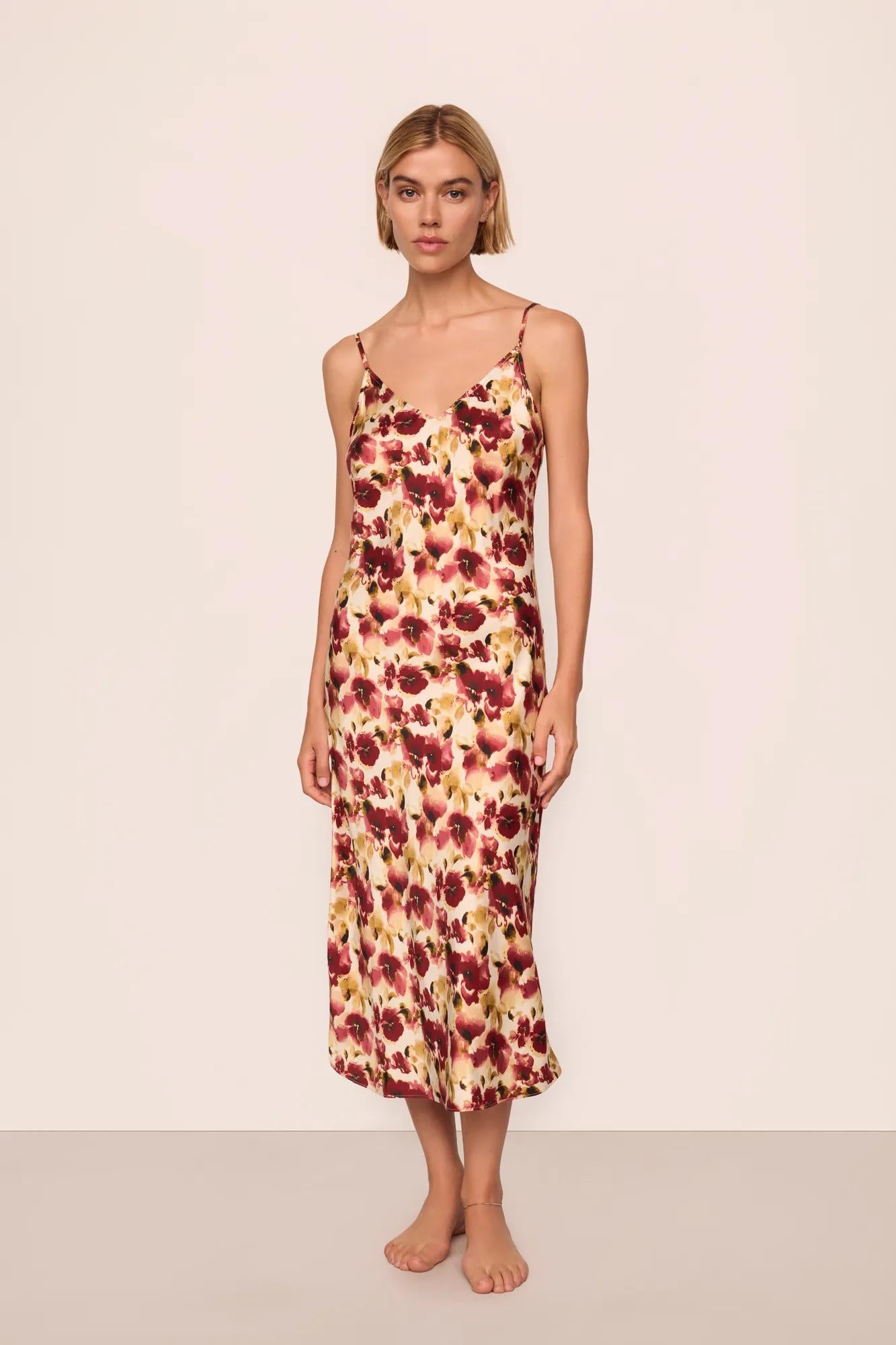 Model is wearing Inez Washable Silk Printed Slip in Botanical Flower Merlot