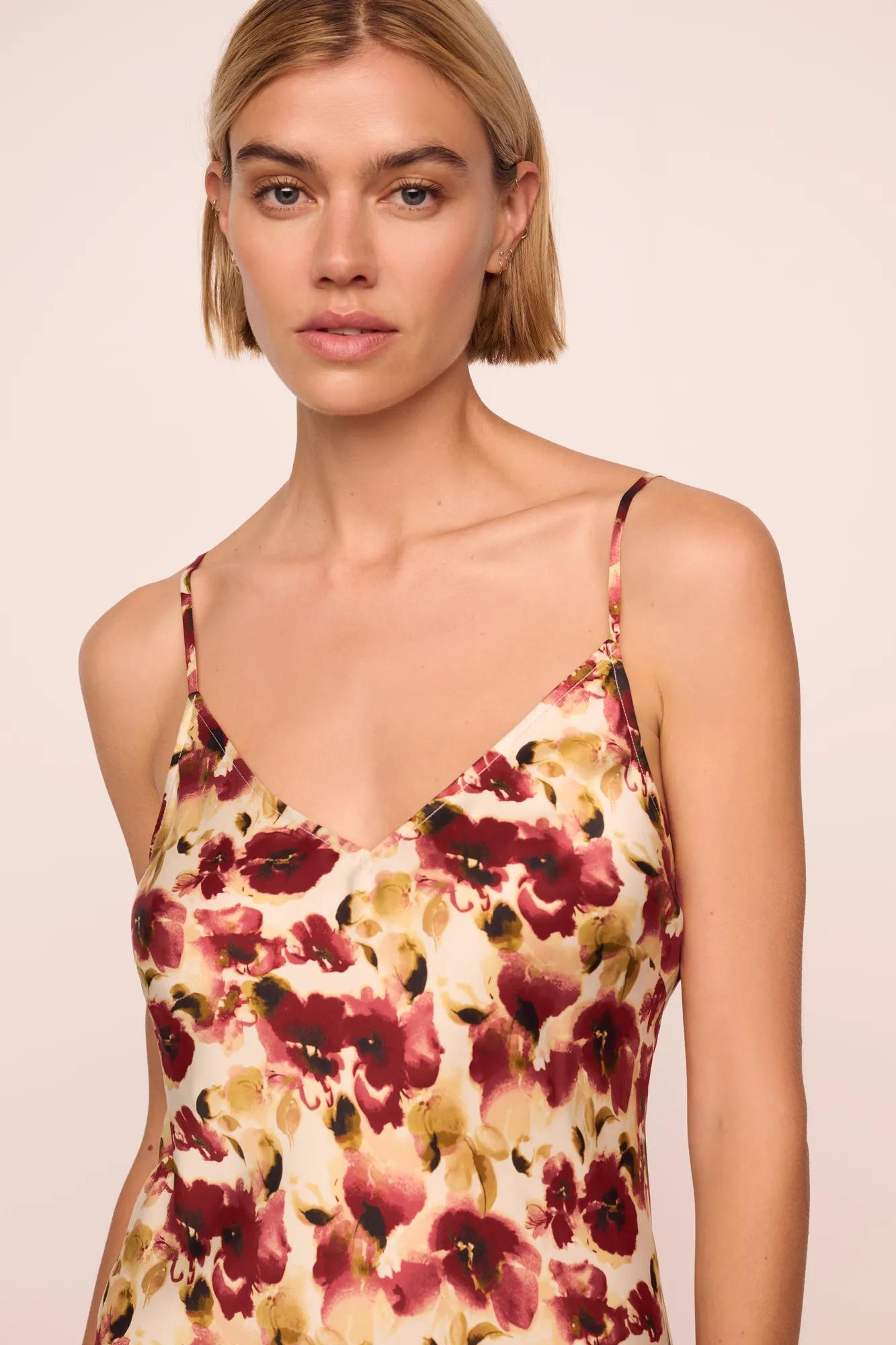 Model is wearing Inez Washable Silk Printed Slip in Botanical Flower Merlot