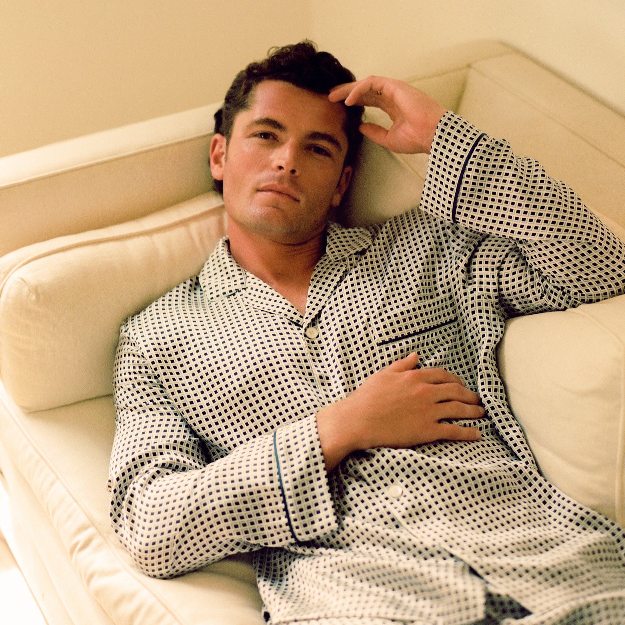Model is wearing Charles Printed Washable Silk Long PJ Set in Tile Square Gray Dawn/Navy
