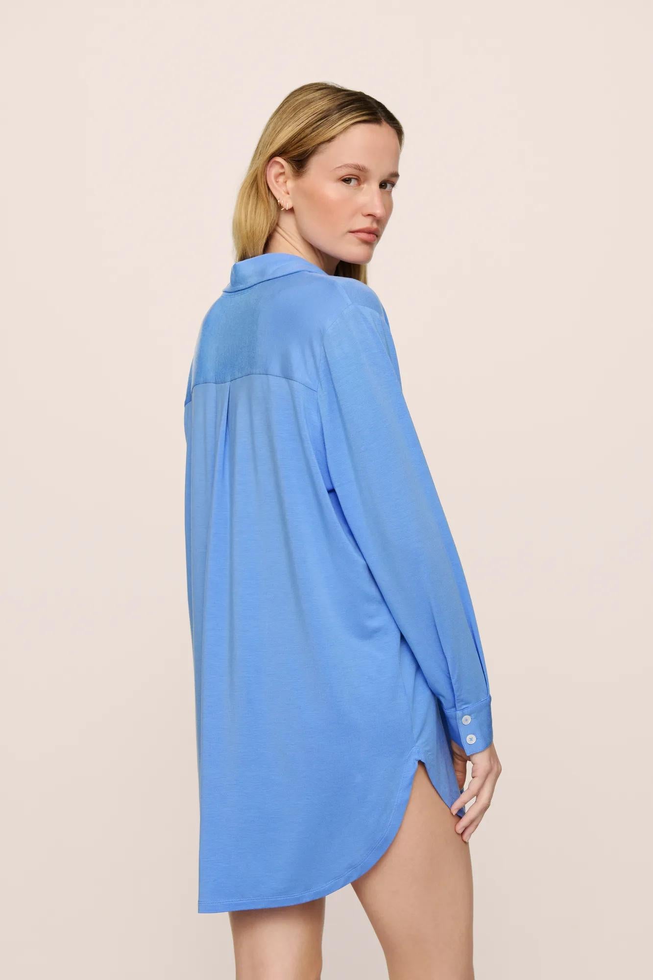 Model is wearing Gisele TENCEL™ Modal Boyfriend Sleepshirt in CornflowerBlue