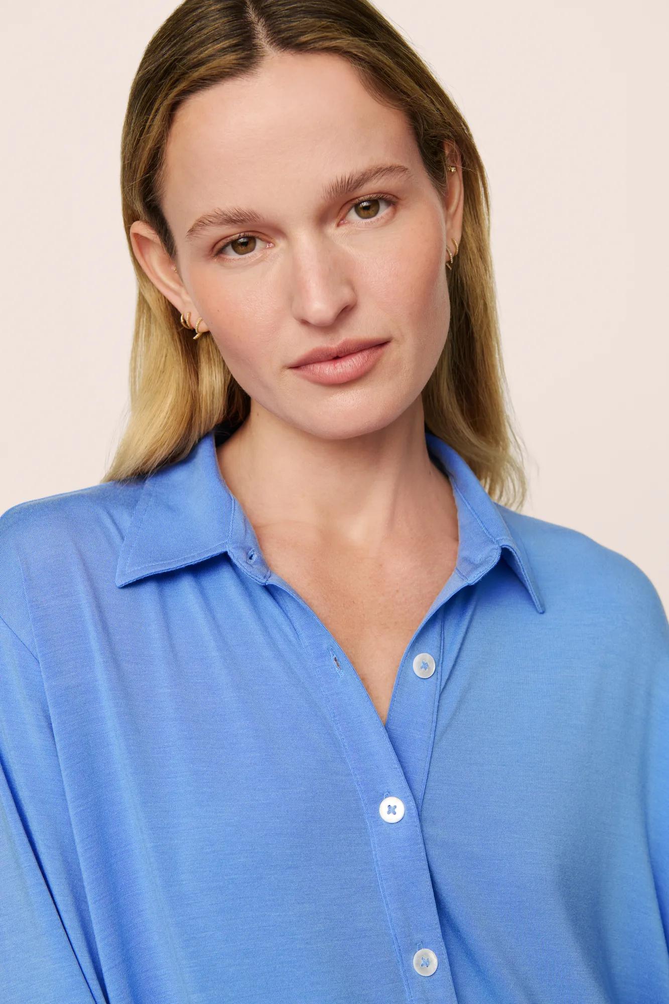 Model is wearing Gisele TENCEL™ Modal Boyfriend Sleepshirt in CornflowerBlue