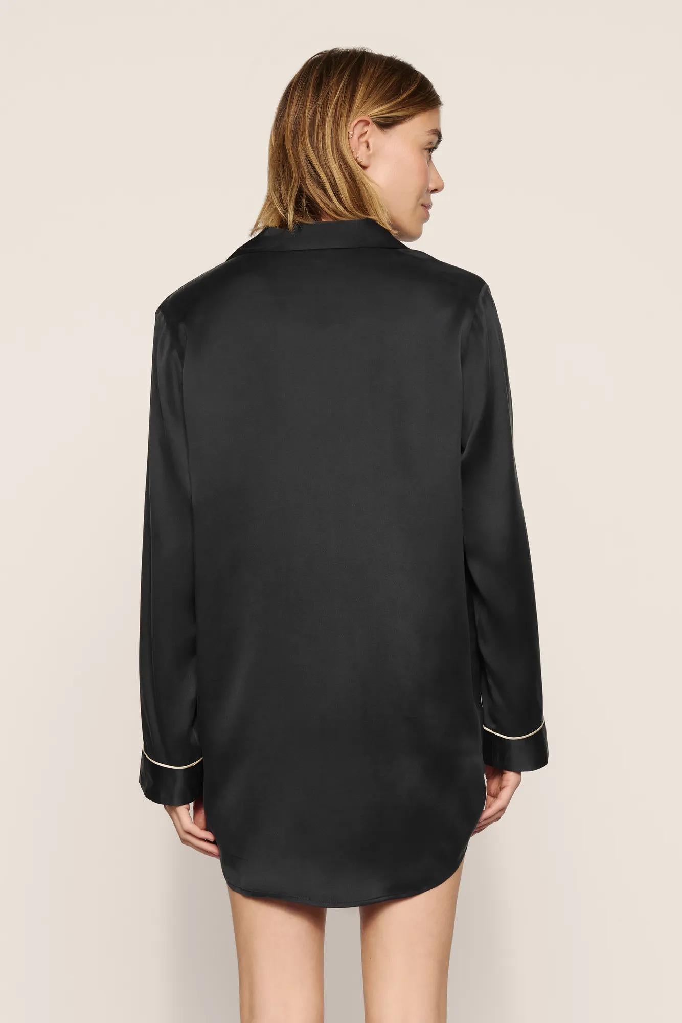 Model is wearing Inez Washable Silk Sleepshirt in Black/Champagne