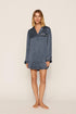 Model is wearing Inez Washable Silk Printed Sleepshirt in Petite Batik Indigo/Bone