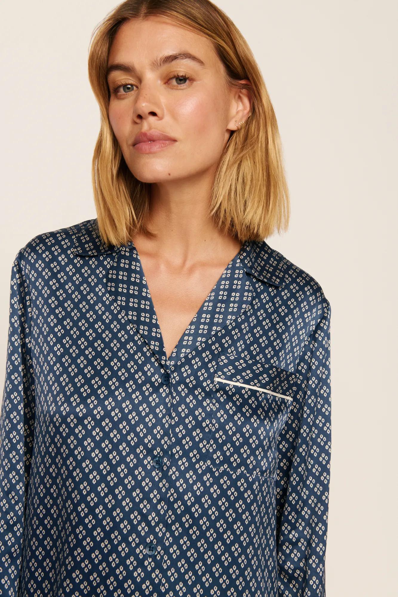 Model is wearing Inez Washable Silk Printed Sleepshirt in Petite Batik Indigo/Bone