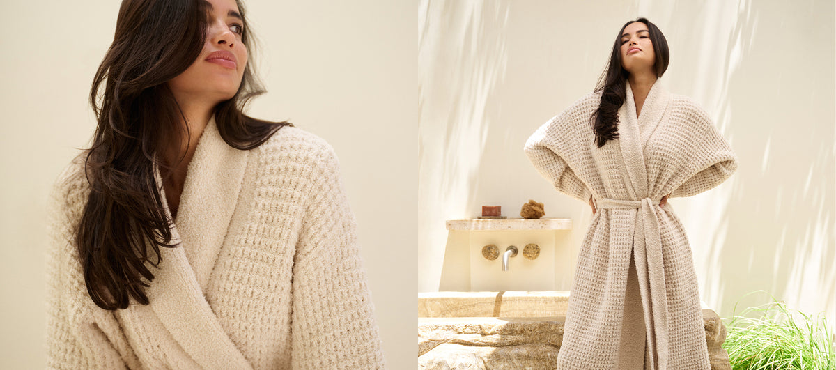 Model is wearing Recycled Boucle Robe in French Oak