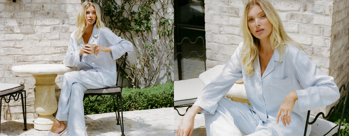 Model is wearing Inez Washable Silk Jacquard Long PJ Set in Floral Vine Powder Blue/Ivory