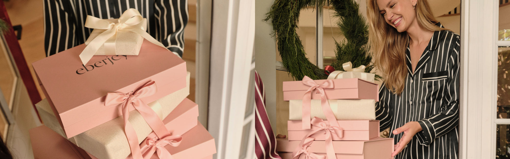 Model wearing Inez Printed Washable Silk Long PJ Set in Classic Stripe Pine/Ivory