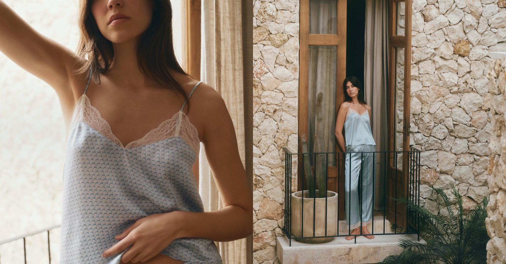 Model wearing washable silk cami and pant in seashell lagoon blue/ivory