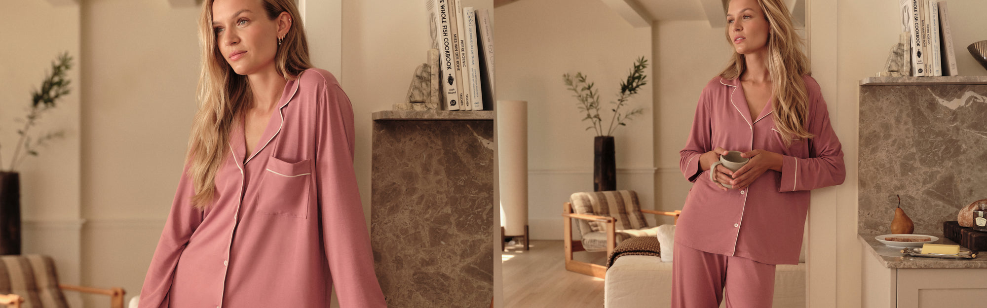 Model wearing Gisele TENCEL Modal Long PJ Set in berry blush/ovory
