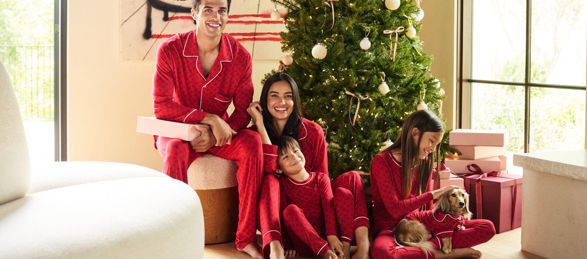 Image of matching family PJs in Hollyberry Holly Red