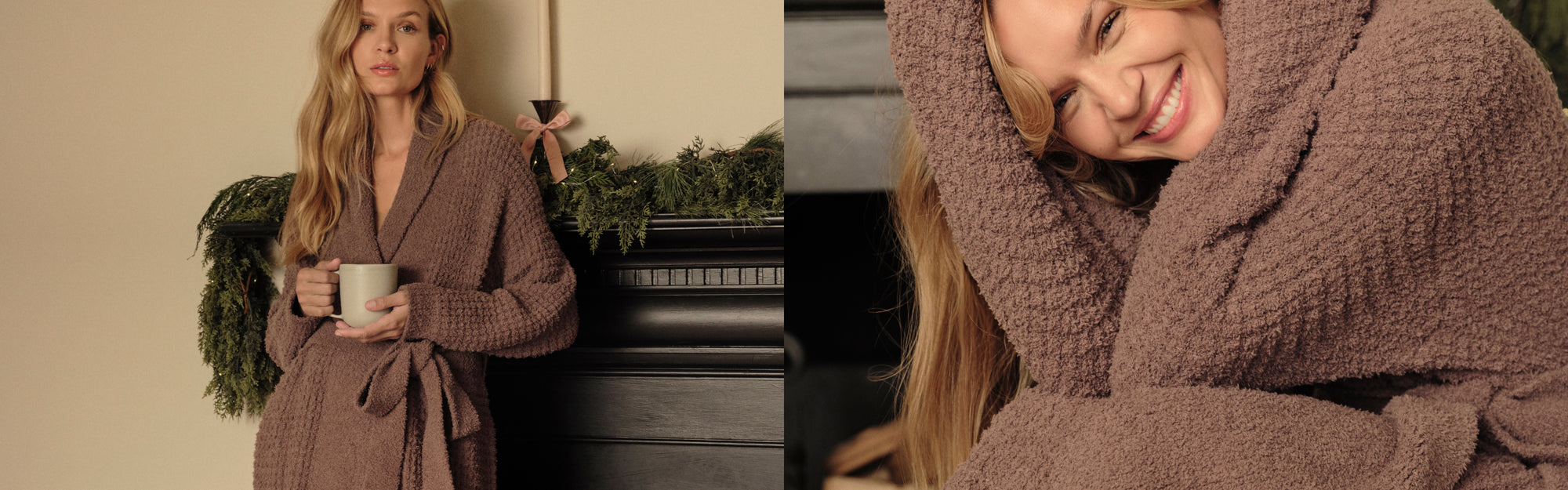 Model wearing Recycled Boucle Waffle Robe in Deep Taupe