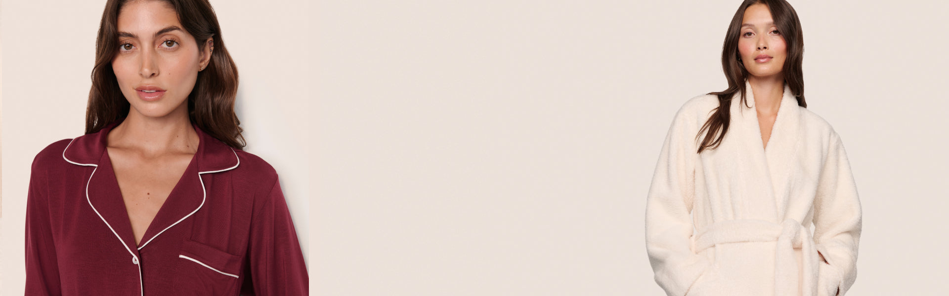 Model wearing Renew Plush Robe in Ivory and Gisele TENCEL Modal Long PJ Set in Bordeaux/Ivory