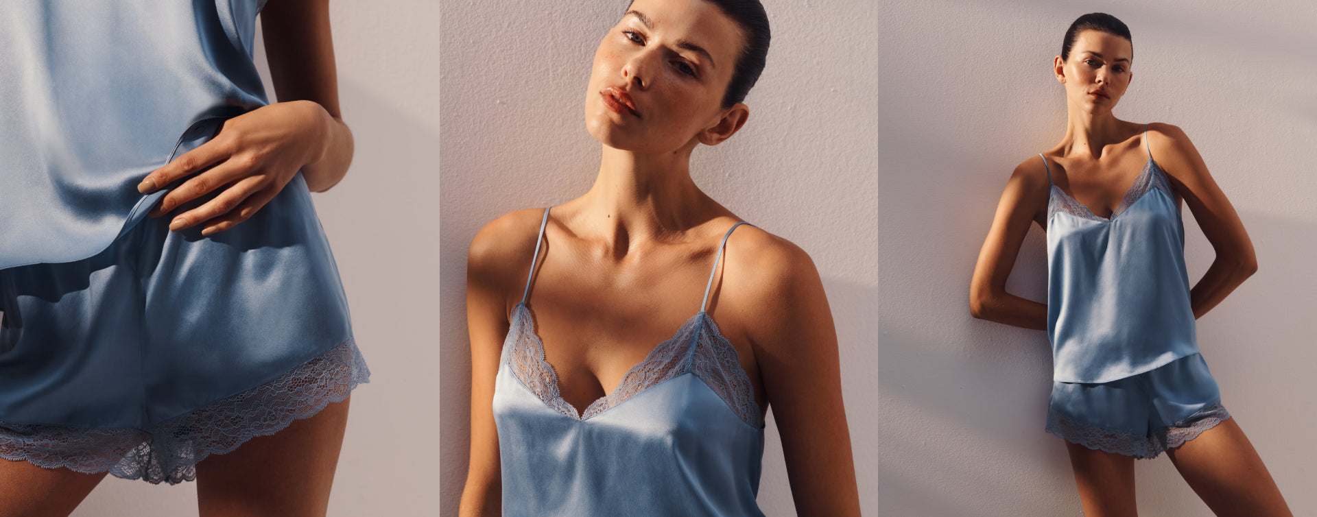 Model is wearing Washable Silk Cami and Short Set in Faded Denim