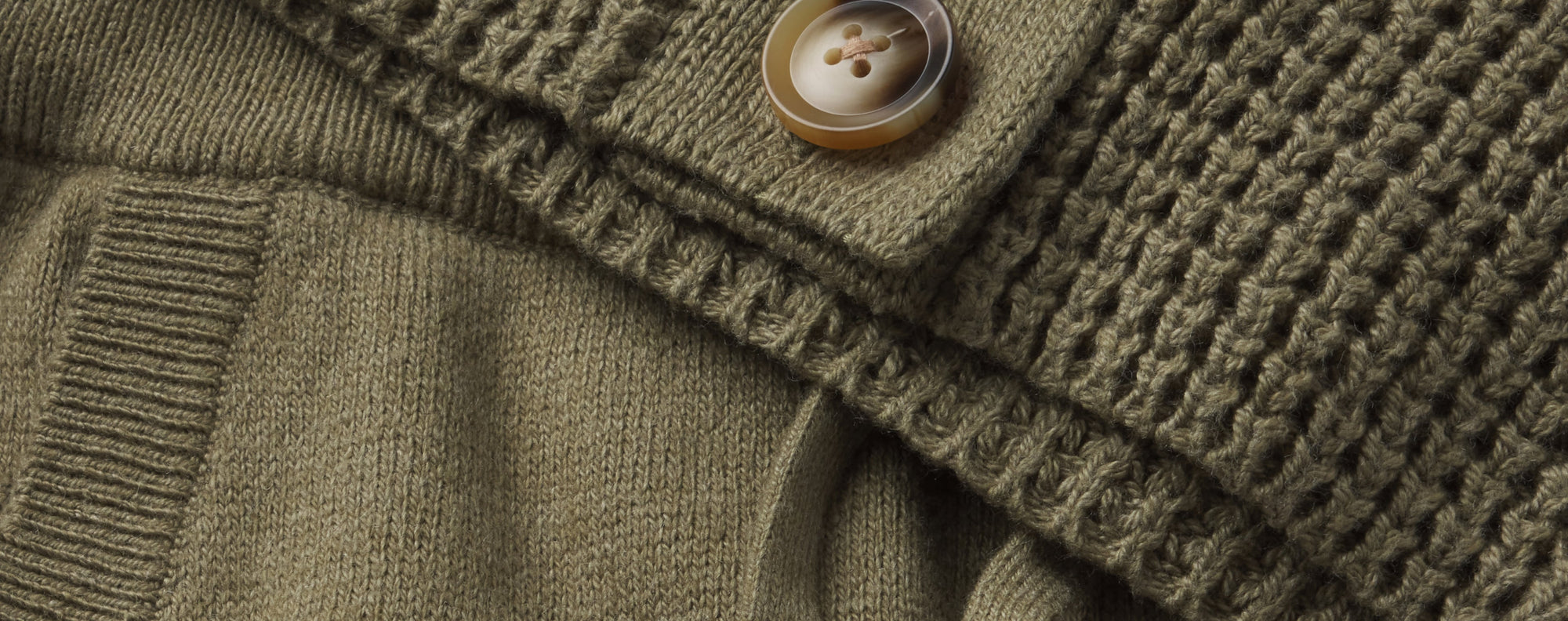 Detail image buttons and fabric of Recycled Sweater cardigan and pant in Moss 