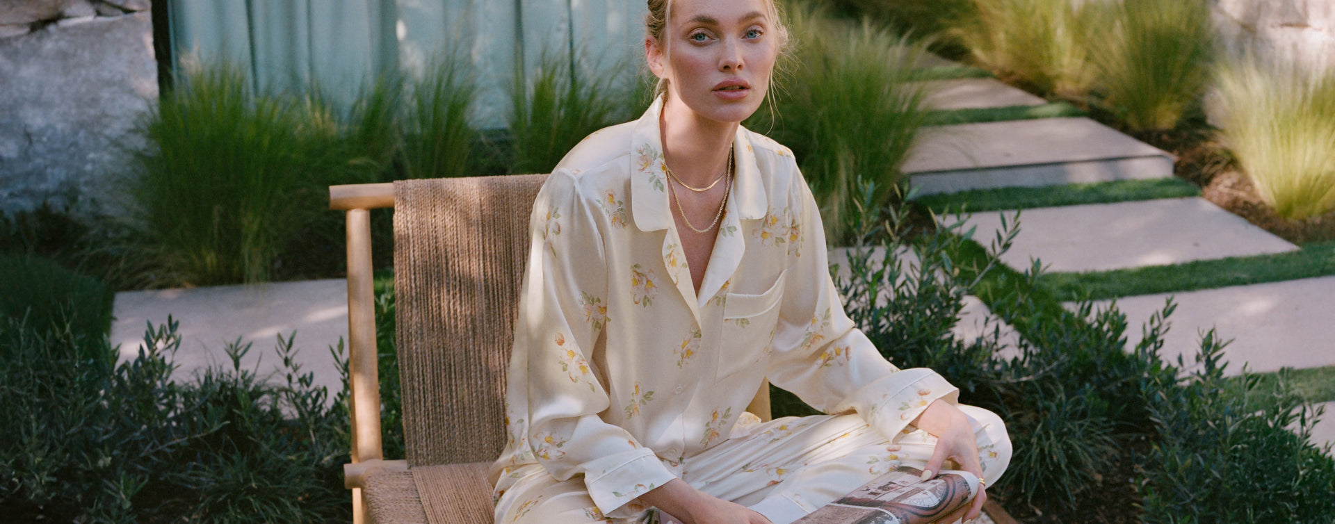 Model wearing Inez Washable Silk Printed Long PJ Set in Floral Bloom Peach Dust/Ivory