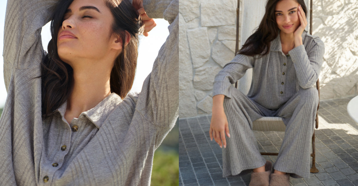Model is wearing Variegated Rib Wide Leg Pant and Long Sleeve Polo in Dark Heather Grey