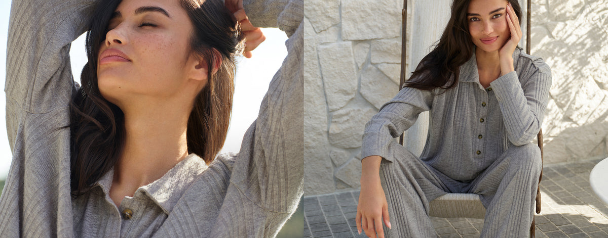 Model is wearing Variegated Rib Wide Leg Pant and Long Sleeve Polo in Dark Heather Grey