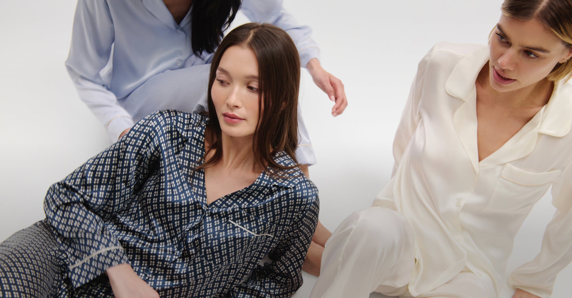 Image of models wearing Inez Washable Silk Long PJ Set in Ivory/Champagne, Petite Batik and Ice Blue/Ivory