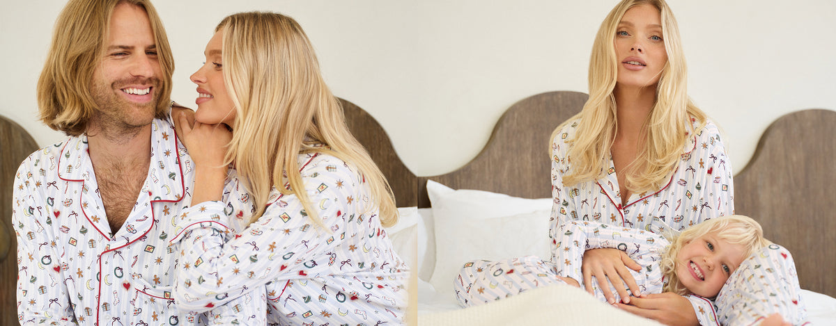 Models are wearing matching Holilday Family PJS in Nordic Nights Lightblue/Deep Claret