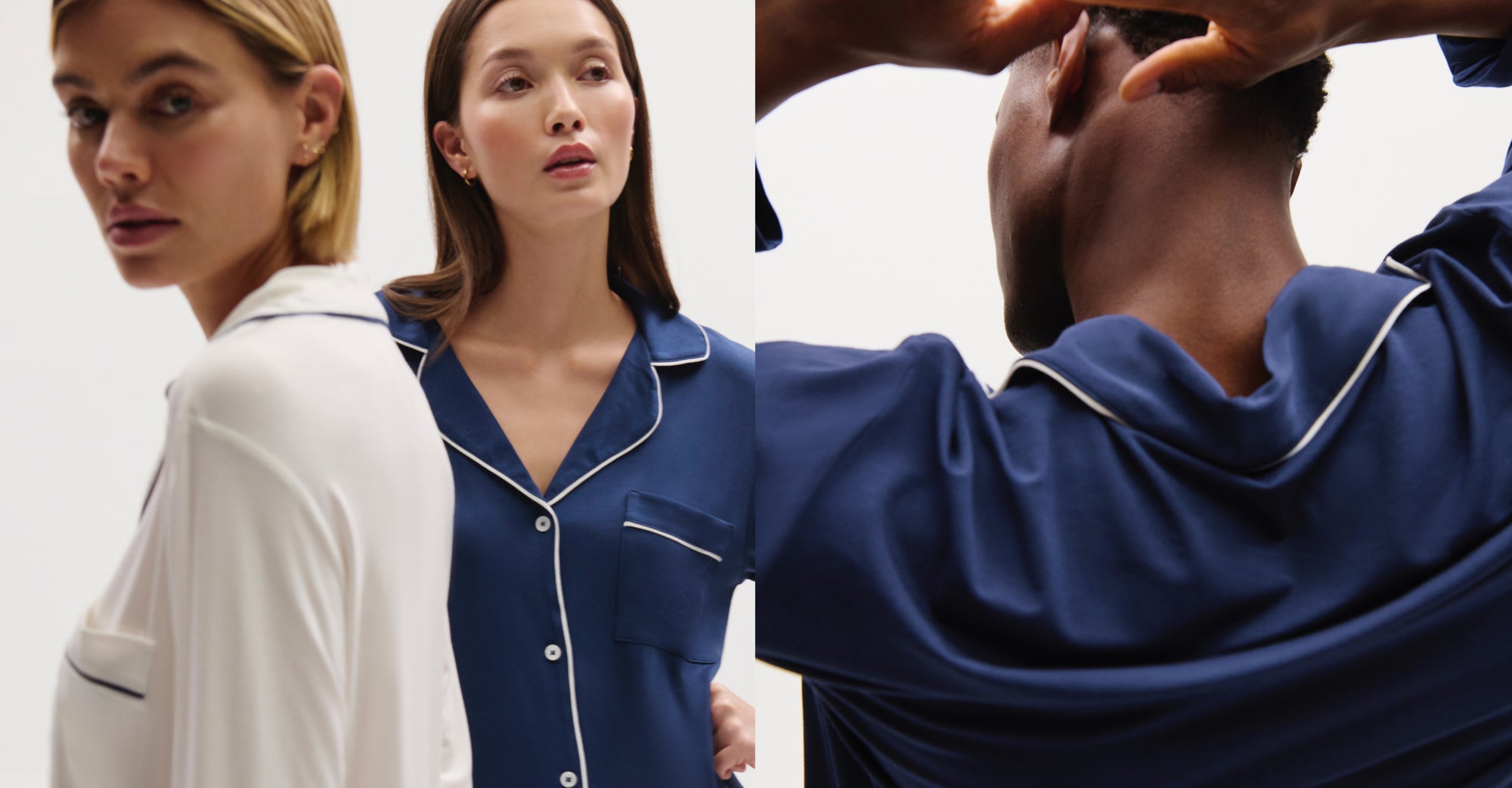 Model wearing Gisele TENCEL Modal Long PJ Set in Navy/Ivory  and Gisele TENCEL Modal Long PJ Set in Pure Ivory/Navy