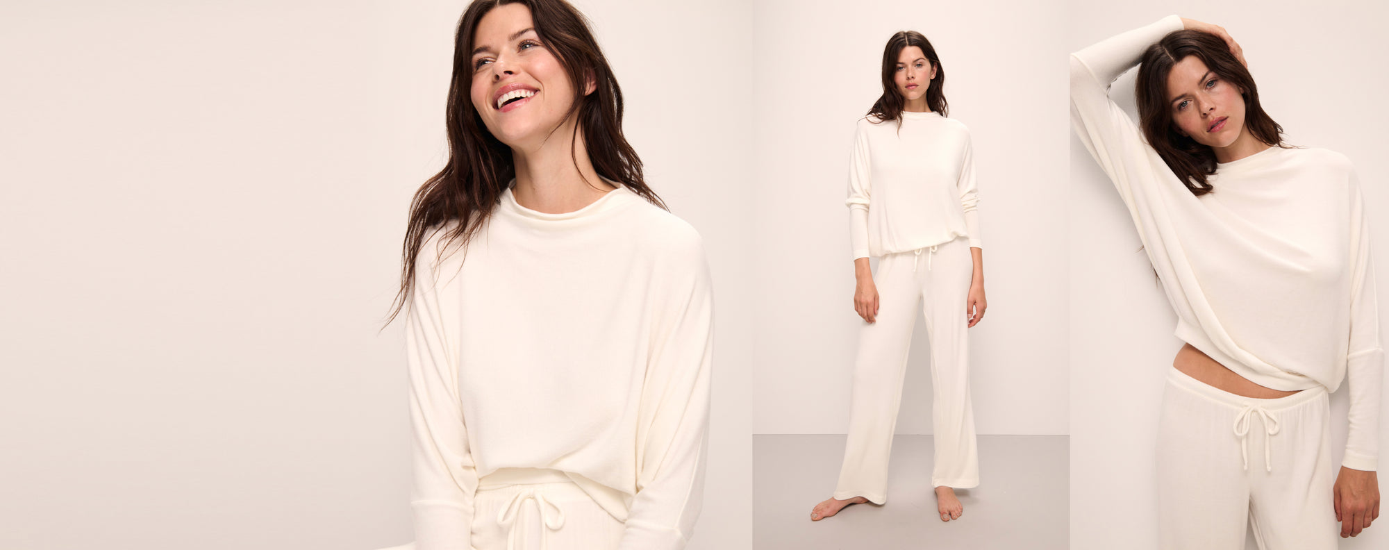 Model wearing Cozy Time lounge mockneck top and wide leg pants in Ivory in three different poses