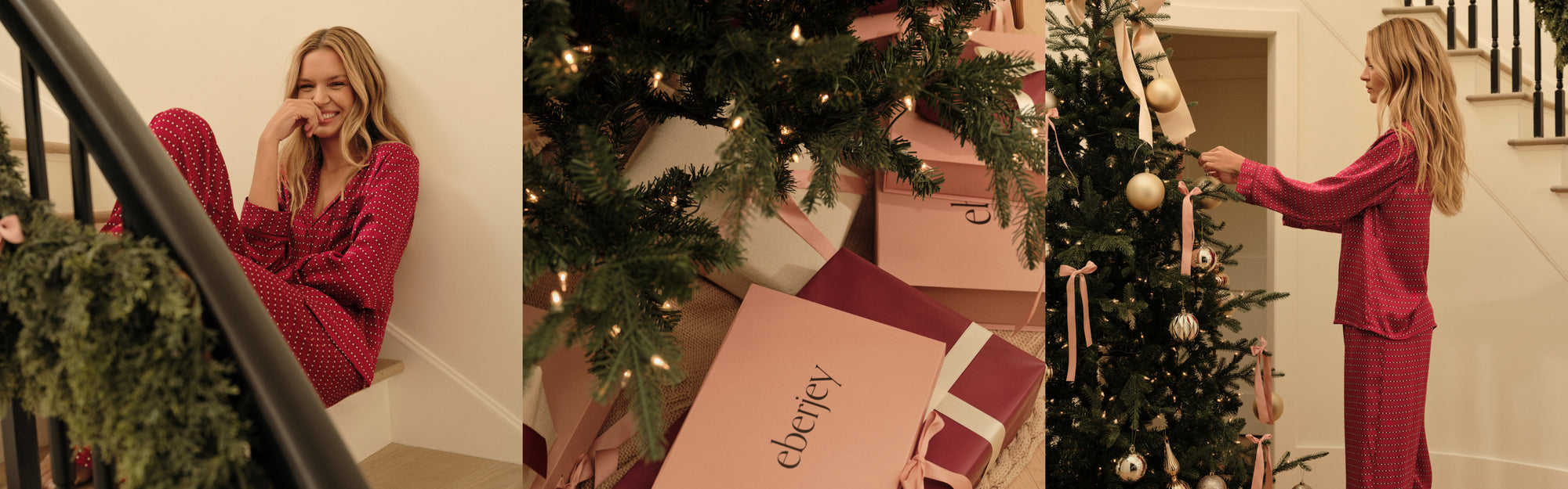 Model is wearing Inez Printed Washable Silk in stained Glass Holly Red