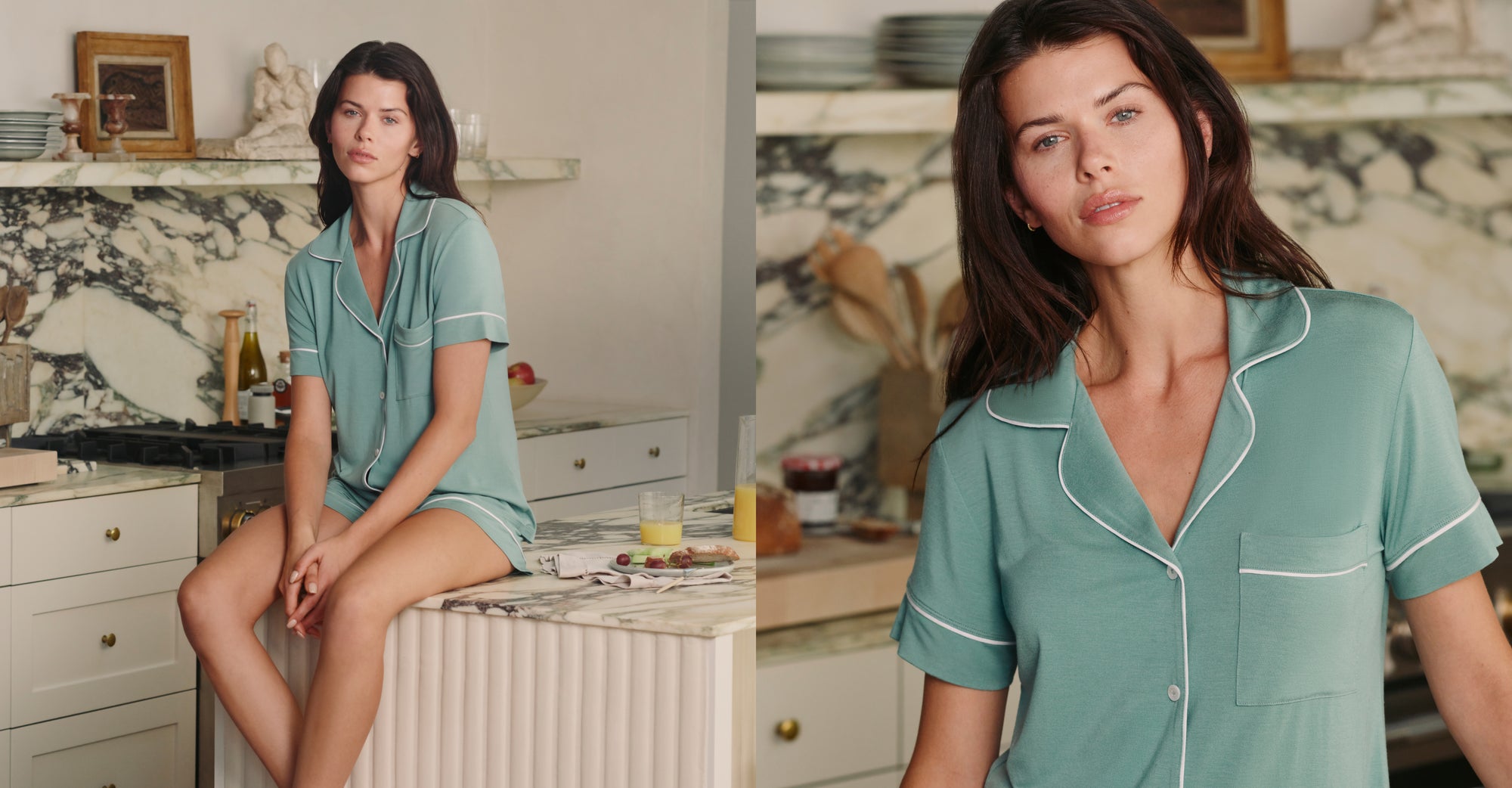 Model is wearing Gisele TENCEL™ Modal Relaxed Short PJ Set in Seagrass/White