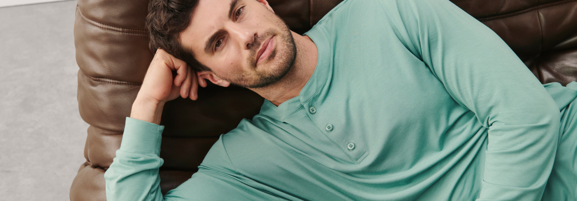 Model is wearing Henry TENCEL™ Modal Long PJ Set in Seagrass