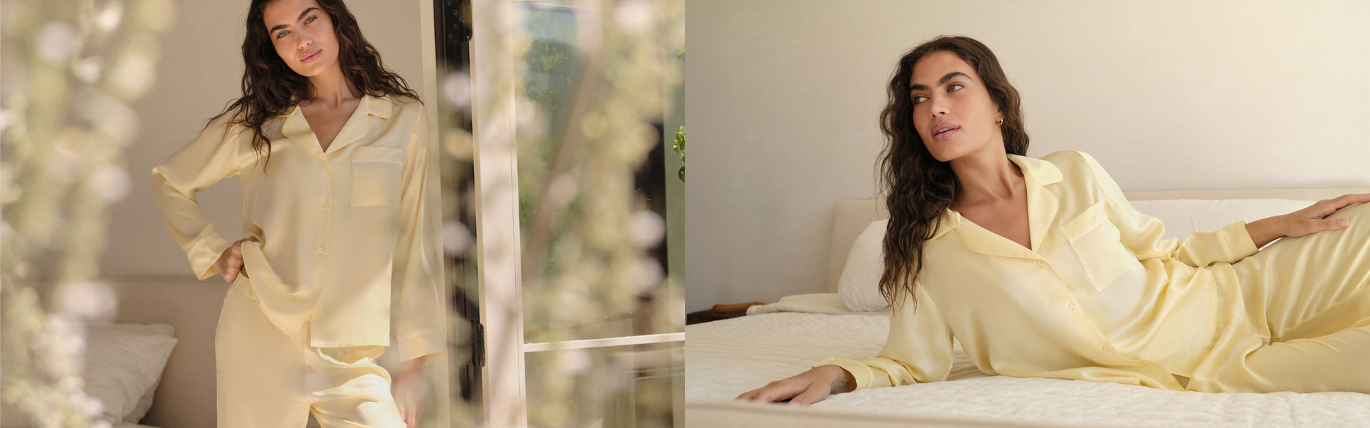 Model is wearing Inez Washable Silk Long PJ Set in Sunshine/White