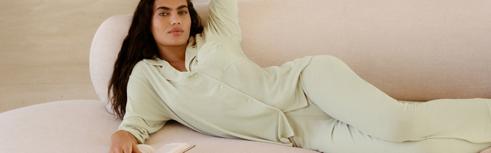 Model is wearing Gisele TENCEL™ Modal Long PJ Set  in Mint Cream/Ivory