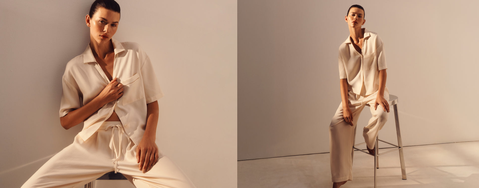 Model is wearing Tencel Woven Short Sleeve and Relaxed Pant in Almond Heather