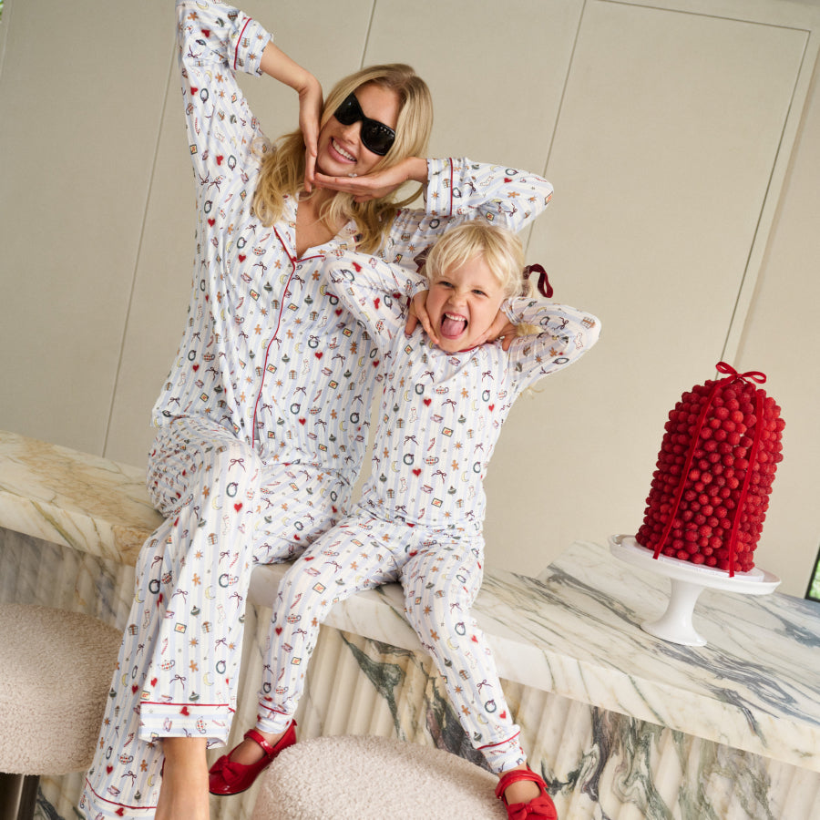 image of matching family PJs in Nordic Nights Light blue/Deep claret
