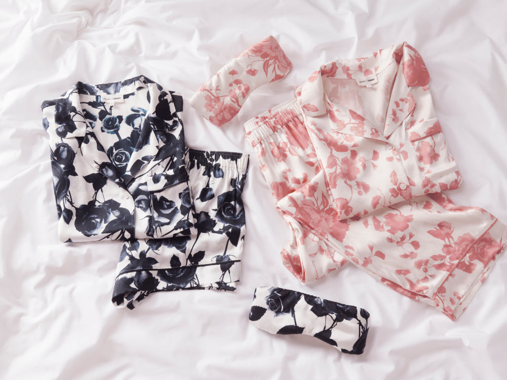 Image of Inez Printed Washable Silk Long PJ Sets and Inez Printed Washable Silk Eye Masks in Ikebana Pearl and Rose Memoire