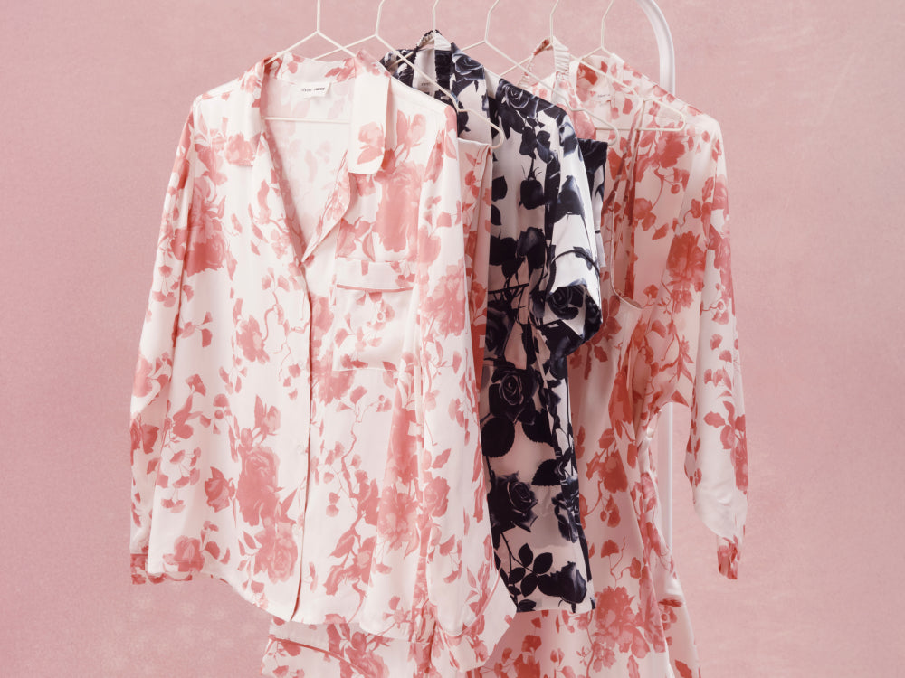 Image of Inez Printed Washable Silk Long PJ Set in Ikebana Pearl/Dusty Rose, Inez Printed Washable Silk Short PJ Set in Rose Memoire Pearl/Black and Inez Printed Washable Silk Short Slip and Robe in Ikebana Pearl/Dusty Rose