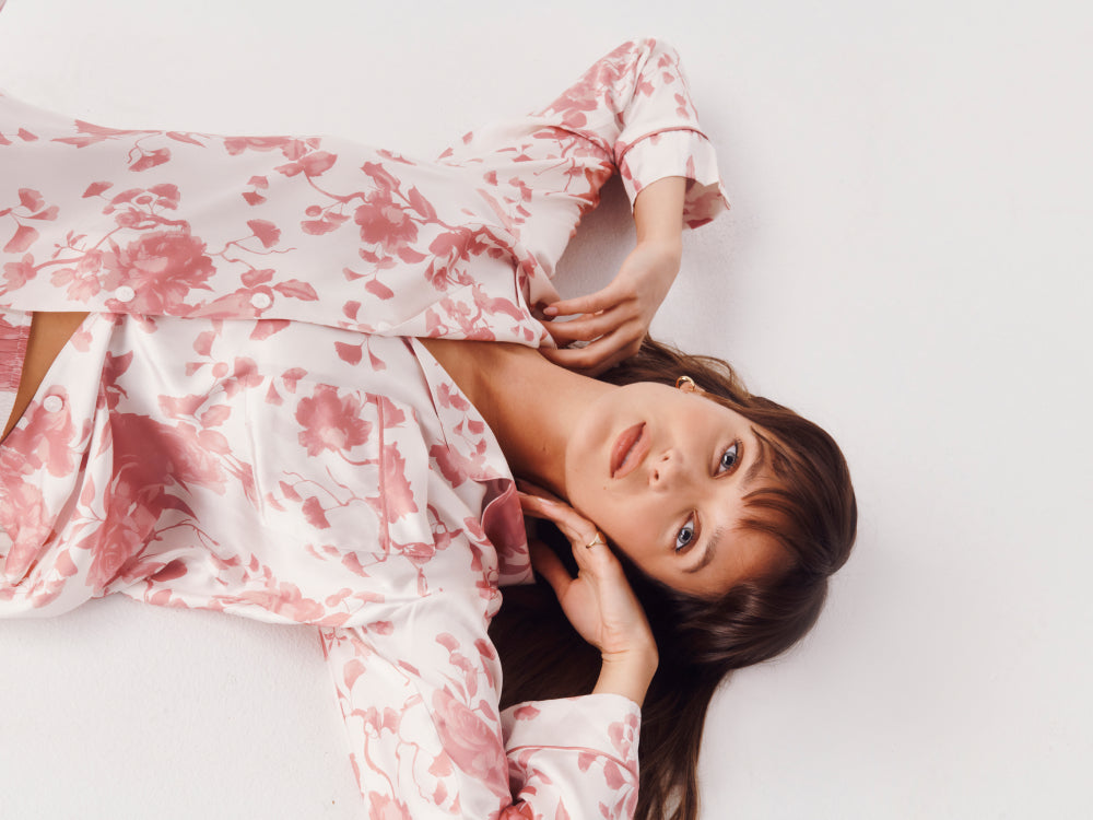 Image of model wearing Inez Printed Washable Silk Long PJ Set in Ikebana Pearl/Dusty Rose