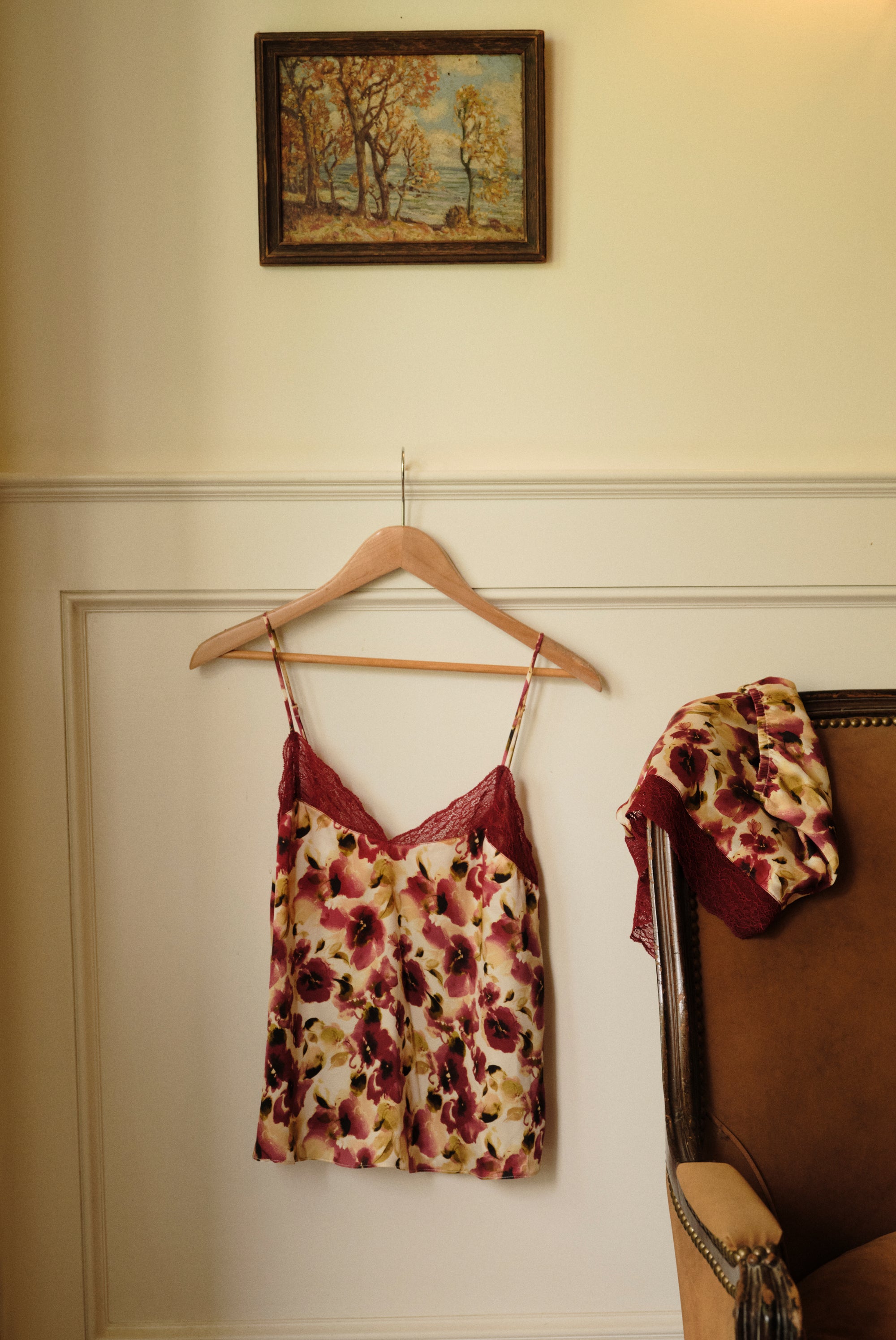 Image of  Washable Silk Lace Cami and Short in Botanical Flower Merlot