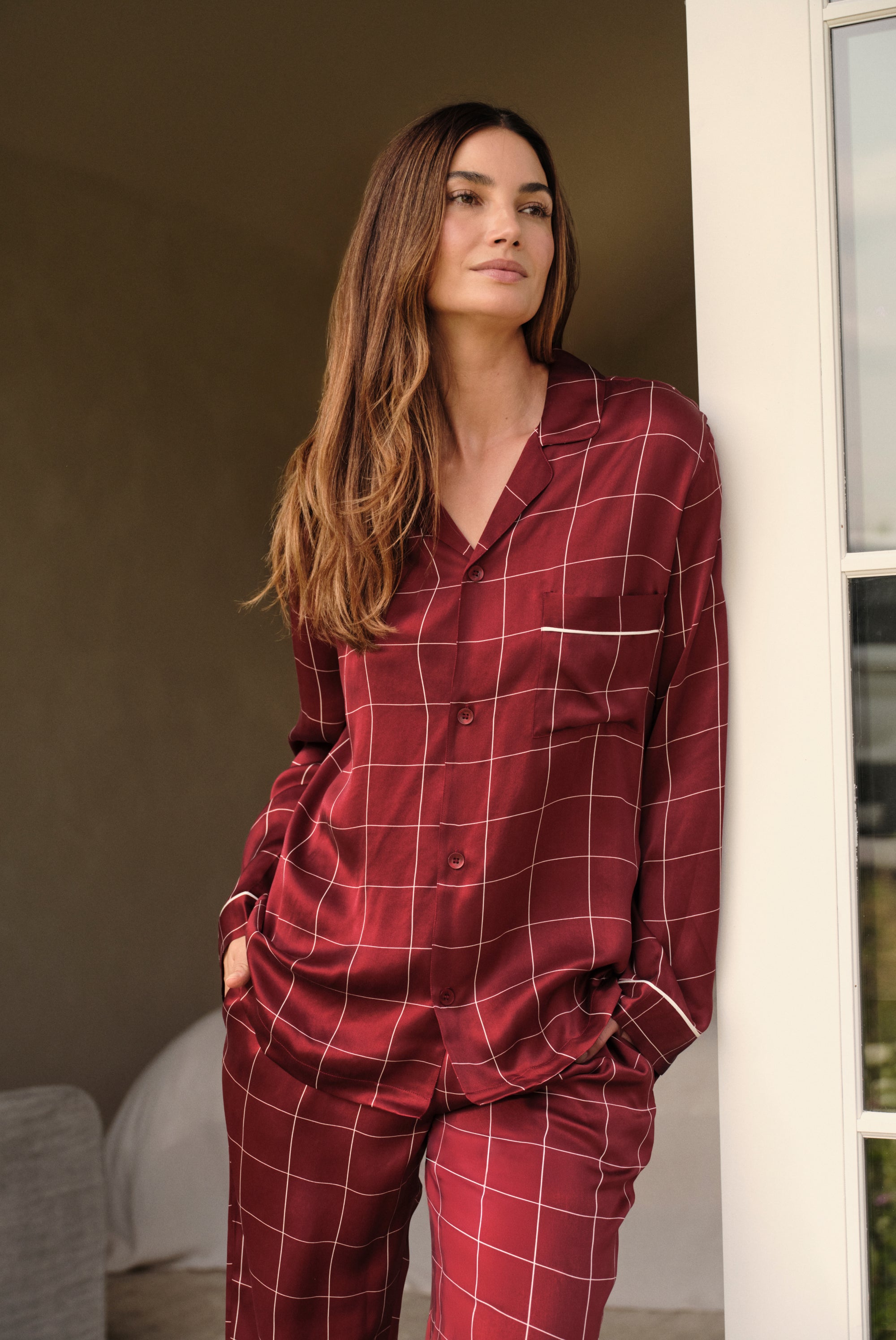 Model is wearing Inez Washable Silk Long PJ Set in Simple Plaid Merlot