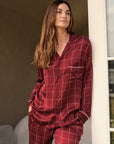 Model is wearing Inez Washable Silk Long PJ Set in Simple Plaid Merlot