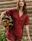 Model is wearing Inez Washable Silk Printed Short PJ Set in Dot Merlot/Ivory