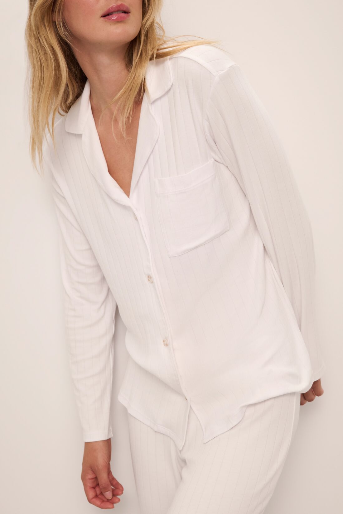 Model wears Gisele TENCEL™ Modal Rib Long PJ Set in white.